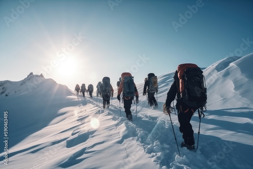 Group of mountain climbers climb the slope to the peak in sunny weather with sledges and tents equipment for overnight stays, generative AI