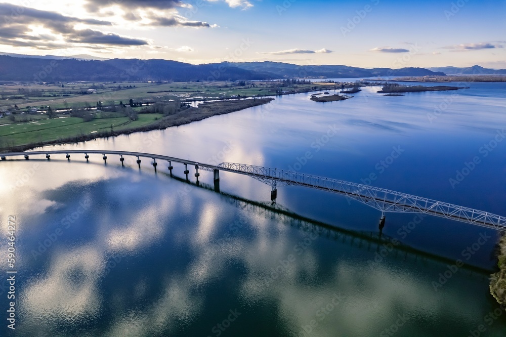 Aerial view of a bridge between Cathlamet Washington and surge for