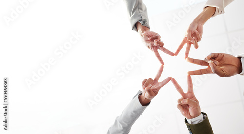 Fotografi Star hands, together and people teamwork, collaboration and group synergy or support from below mockup