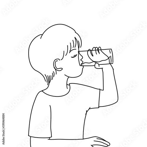 Kids drinking water line art 