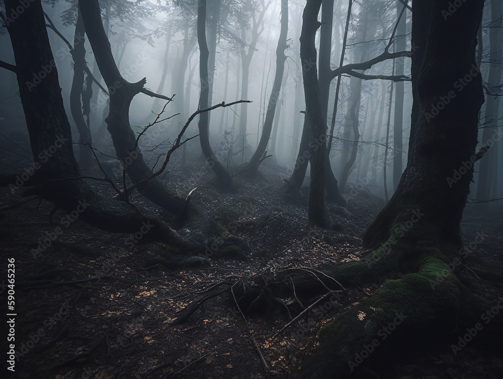 Creepy Forest, Dark and Eerie Atmosphere, Twisted Trees and Fog, generative AI