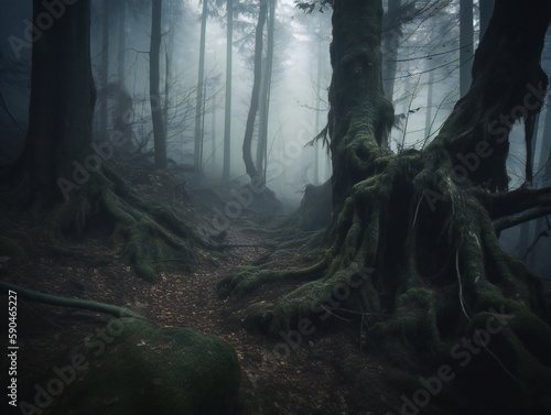 Creepy Forest, Dark and Eerie Atmosphere, Twisted Trees and Fog, generative AI © Marcos