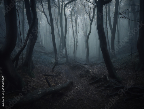 Creepy Forest  Dark and Eerie Atmosphere  Twisted Trees and Fog  generative AI