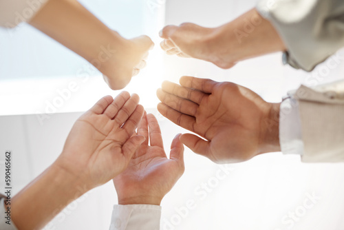 Business people  hands and high five for collaboration  meeting or teamwork together at the office. Hand of employee group touching for team agreement  coordination or solidarity at the workplace
