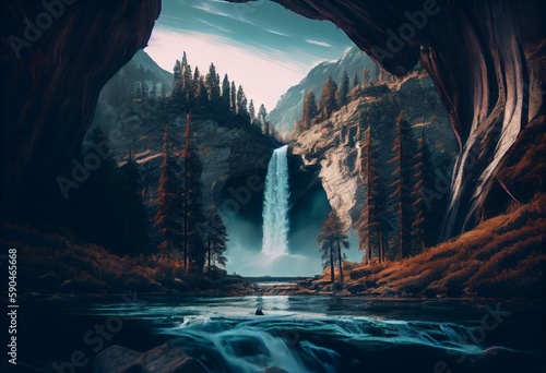 a waterfall in a river with a waterfall coming out of it s side and a mountain in the background with a waterfall in the middle of the water and a forest with a waterfall.   AI Generative AI