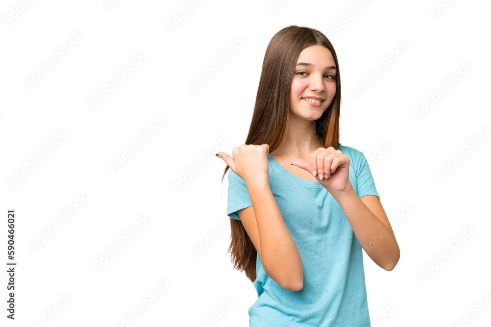Teenager girl over isolated chroma key background pointing to the side to present a product Teenager girl over isolated chroma key background pointing to the side to present a product