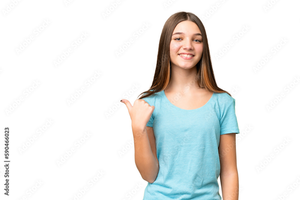 Teenager girl over isolated chroma key background pointing to the side to present a product Teenager girl over isolated chroma key background pointing to the side to present a product