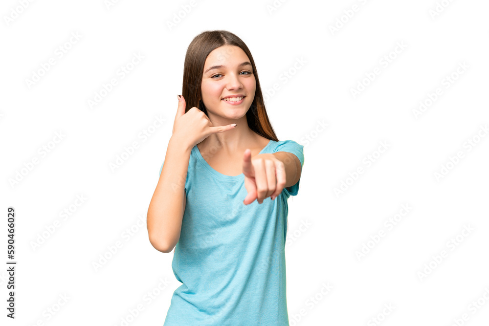 Teenager girl over isolated chroma key background making phone gesture and pointing front Teenager girl over isolated chroma key background making phone gesture and pointing front