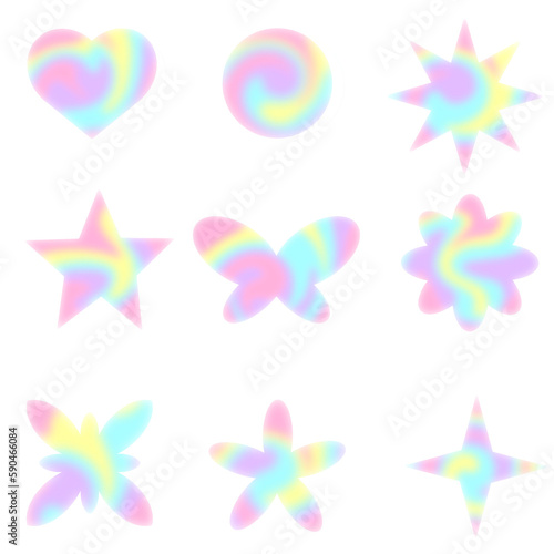 Set rainbow swirl blur y2k aura shapes. Abstract blurred gradient shape, psychedelic aesthetic elements, colorful soft holographic gradient. Geometric form with blurring PNG