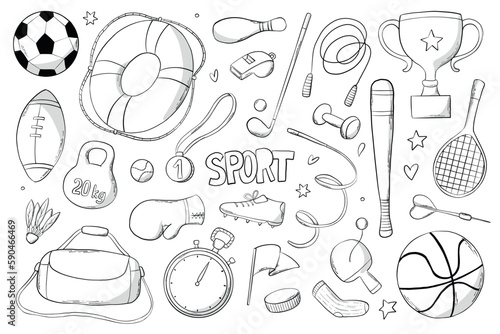 Set of hand drawn sports and fitness doodles, cartoon elements, clip art. Good for stickers, prints, banners, coloring book, planners, etc. EPS 10