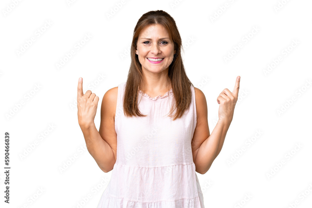 Middle age woman over isolated background pointing up a great idea Middle age woman over isolated background pointing up a great idea