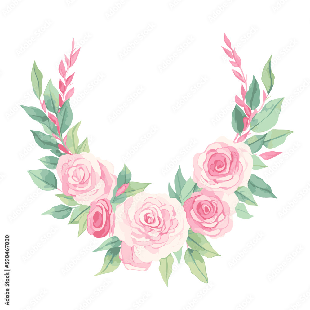 Digital watercolor rose flower frame wreath design pink and white bouquet flower design vector.