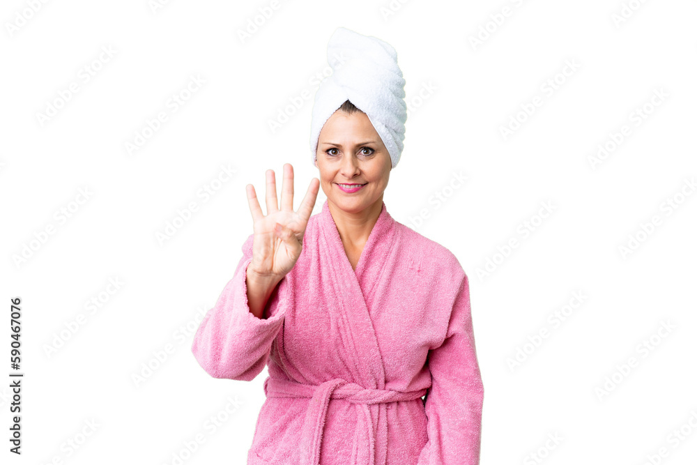 Middle age caucasian woman in a bathrobe over isolated background happy and counting four with fingers Middle age caucasian woman in a bathrobe over isolated background happy and counting four with fingers