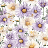 Floral seamless pattern of white chamomile daisy flowers. Pastel colors - purple, yellow, AI generated watercolor illustration digital art. Fabric print, decoration, wall art, printable. AI image