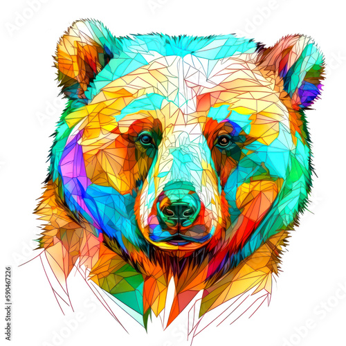 Colorful lovely bear with a smile and kind eyes on a white background. Big watercolor bear portrait. Kind wize bear, Generative AI. Bear portrait with place for text, copy space. photo
