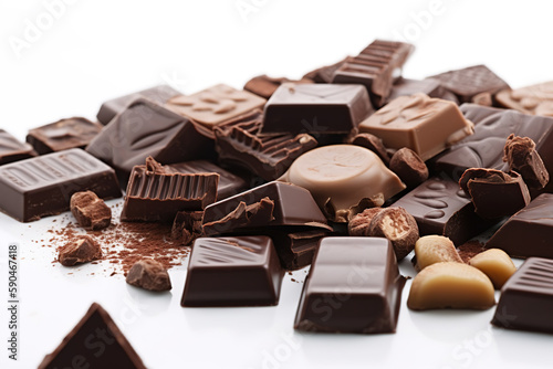 chocolate with nuts, small chocolate pieces, close shot of chocolate, white background chocolate