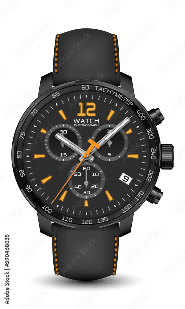 Realistic watch clock chronograph black steel leather strap dark grey yellow arrow on white design classic luxury vector Realistic watch clock chronograph black steel leather strap dark grey yellow arrow on white design classic luxury vector