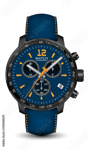 Realistic watch clock chronograph black steel blue leather strap yellow arrow on white design classic luxury vector