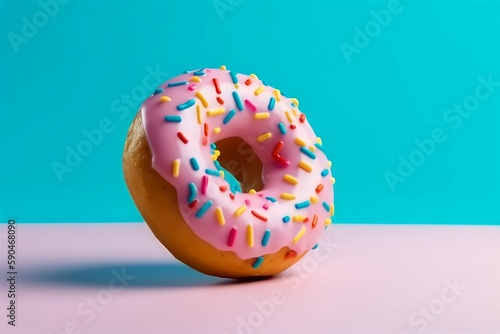 Trendy sunlight Summer pattern made with pink doughnut on bright light blue background, Minimal summer concept. ai generated.