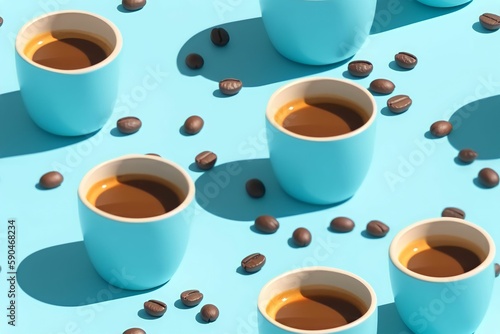 Trendy Summer pattern made with cup of coffee on bright light pink white blue background  Minimal summer concept. Coffee wallper. ai generated.