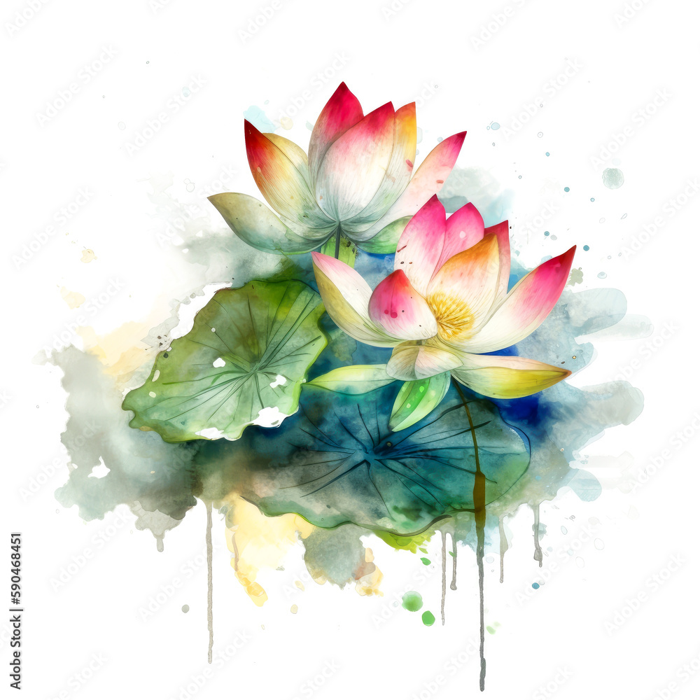 Colorful watercolor water lily flower isolated on white background. Rainbow Water Lily Lotus. Generative AI water lilly watercolor illustration. Floral design element for spa and travel business. - obrazy, fototapety, plakaty 