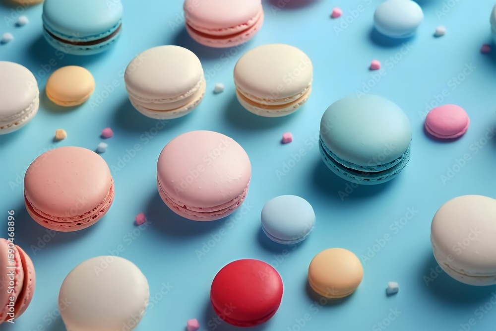 Obraz premium Trendy Summer pattern made with colorful macarons on bright light blue and pink and white background, top view, Minimal summer concept. ai generated.
