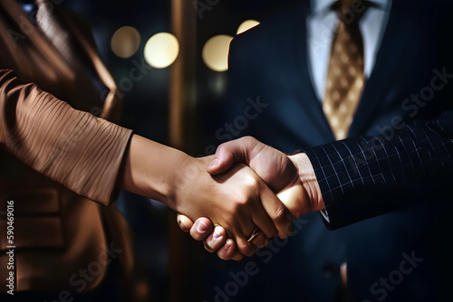 Conceptual image of business, handshake in the offie created with Generative AI technology. photo