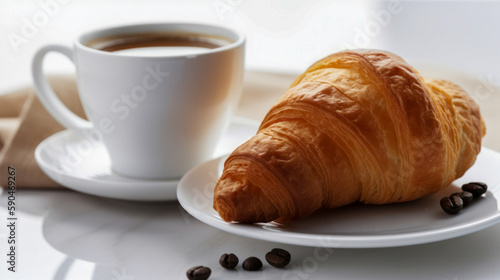 A cup of fresh coffee and a croissant. White background. Generative AI