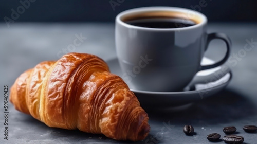A cup of fresh coffee and a croissant. White background. Generative AI