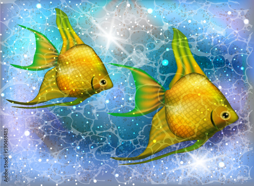 Two Angelfish summer underwater card, vector illustration