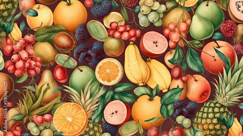 Set of juicy summer fruits to use as wallpaper. Generative AI