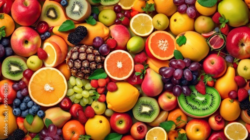 Set of juicy summer fruits to use as wallpaper. Generative AI