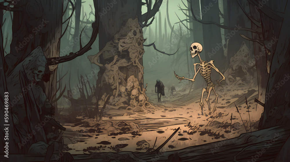 Haunted Forest Illustration - Ghostly Figures and Bones Among Trees, Dark and Fearful Atmosphere, generative AI