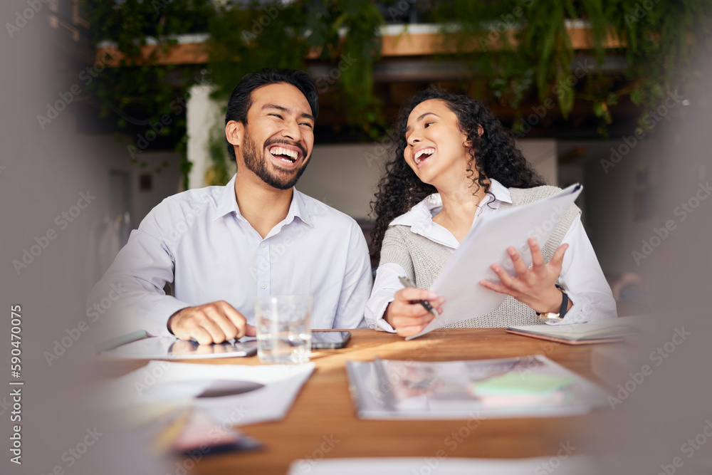 Collaboration, documents and laughing with a business team in the office and working together on a report. Teamwork, funny or strategy with man and happy woman colleagues or employees with paperwork Collaboration, documents and laughing with a business team in the office and working together on a report. Teamwork, funny or strategy with man and happy woman colleagues or employees with paperwork