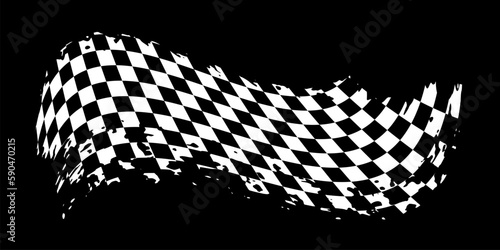 Grunge waing car race flag with scratches vector illustration. White checkered pattern of start and finish of auto rally and motocross, banner for karting sport, championship trophy on black