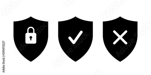 Black shields with check mark, cross and closed padlock inside vector illustration. Abstract antivirus security collection, internet data protection icons isolated on white background