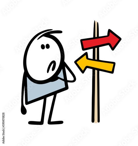 Cartoon stickman stands at a crossroads in front of the pointer and tries to choose a path.