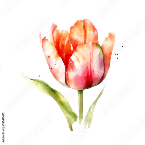 Tulip flower on white background. Pink tulip flower for Mother day and Valentines day postcards and greeteeng cards. Watercolor tulip flower isolated on white background. Generative AI.