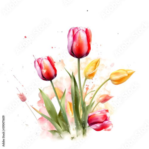 Tulips on white background. Pink and yellow tulip flowers for Mother day and Valentines day postcards and greeteeng cards. Watercolor tulip flowers isolated on white background. Generative AI.