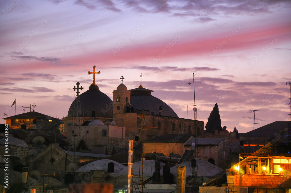 Church of the Holy Sepulchre in Jerusalem at dusk, Israel