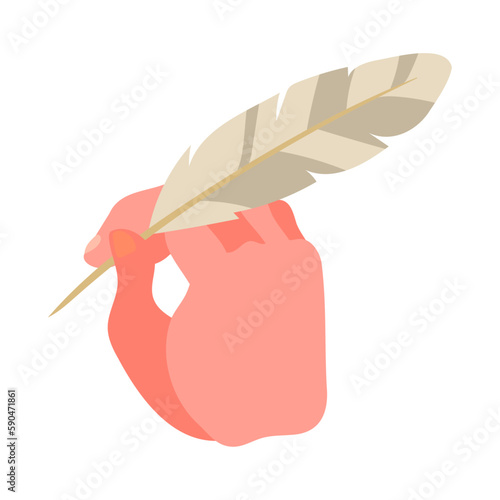 羽根ペンを持つ手。フラットなベクターイラスト。
A hand holding a quill pen. Flat designed vector illustration.