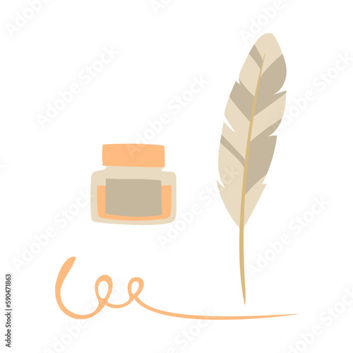 羽根ペンとインク。フラットなベクターイラスト。
Quill pen and ink. Flat designed vector illustration.