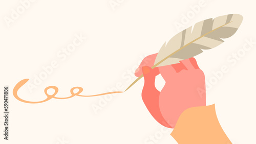 羽根ペンとインクの背景イラスト。フラットなベクターイラスト。
Background illustration of quill pen and ink. Flat designed vector illustration.