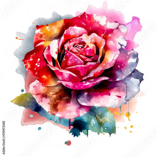 Beautiful rose on white background. Pink and red rose flower for Mother day and Valentines day postcards and greeteeng cards. Watercolor rose flowers isolated on white background. Generative AI.