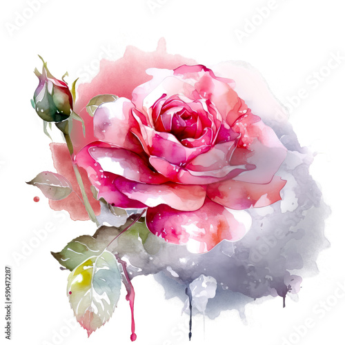 Beautiful rose on white background. Pink and red rose flower for Mother day and Valentines day postcards and greeteeng cards. Watercolor rose flowers isolated on white background. Generative AI.