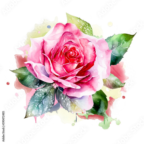 Beautiful rose on white background. Pink and red rose flower for Mother day and Valentines day postcards and greeteeng cards. Watercolor rose flowers isolated on white background. Generative AI.