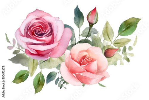 Beautiful rose on white background. Pink and red rose flower for Mother day and Valentines day postcards and greeteeng cards. Watercolor rose flowers isolated on white background. Generative AI.