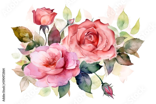 Beautiful rose on white background. Pink and red rose flower for Mother day and Valentines day postcards and greeteeng cards. Watercolor rose flowers isolated on white background. Generative AI.