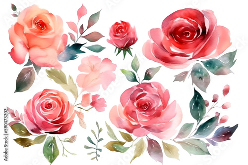 Beautiful rose on white background. Pink and red rose flower for Mother day and Valentines day postcards and greeteeng cards. Watercolor rose flowers isolated on white background. Generative AI.