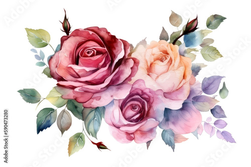 Beautiful rose on white background. Pink and red rose flower for Mother day and Valentines day postcards and greeteeng cards. Watercolor rose flowers isolated on white background. Generative AI.